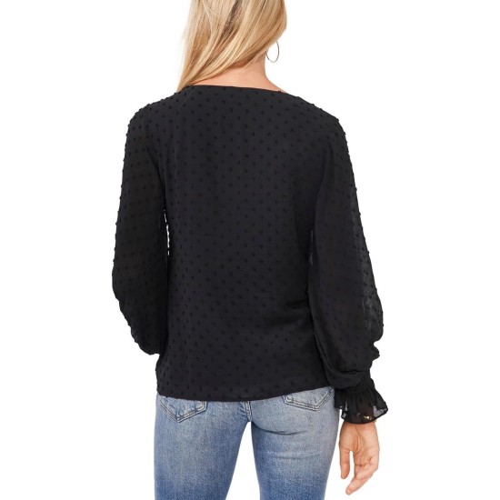  Long Sleeve Smock Cuff Clip Dot V-Neck Blouse, Black,Small