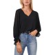  Long Sleeve Smock Cuff Clip Dot V-Neck Blouse, Black,Small