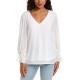  Long Sleeve Smock Cuff Clip Dot V-Neck Blouse, White, XX-Small