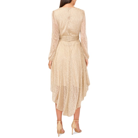  Women’s Belted Sheer Sleeve Metallic Dress – Gold, Large