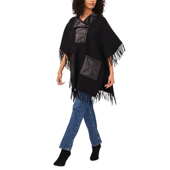  Women’s Fringed Puffer-Trim Hoodie Cape with Fringe, Black, X-Large