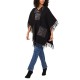  Women’s Fringed Puffer-Trim Hoodie Cape with Fringe, Black, X-Large