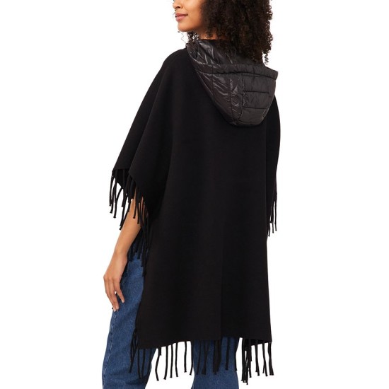  Women’s Fringed Puffer-Trim Hoodie Cape with Fringe, Black, X-Large