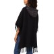  Women’s Fringed Puffer-Trim Hoodie Cape with Fringe, Black, X-Large