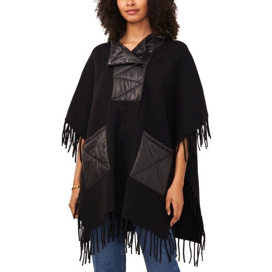  Women’s Fringed Puffer-Trim Hoodie Cape with Fringe, Black, X-Large