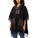  Women’s Fringed Puffer-Trim Hoodie Cape with Fringe, Black, X-Large