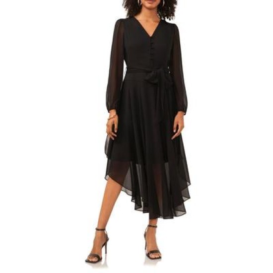  Womens Long Sleeve Handkerchief Hem Maxi Dress, Black, Medium