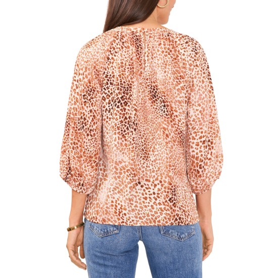  Women’s Metallic Animal Print Keyhole Peasant Blouse – Natural Taupe, Small