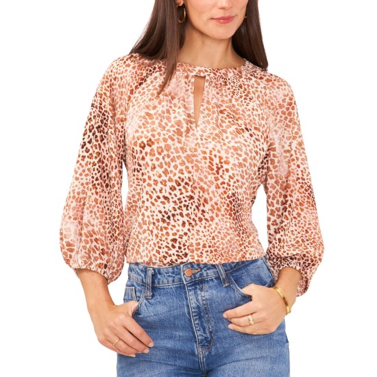  Women’s Metallic Animal Print Keyhole Peasant Blouse – Natural Taupe, Small