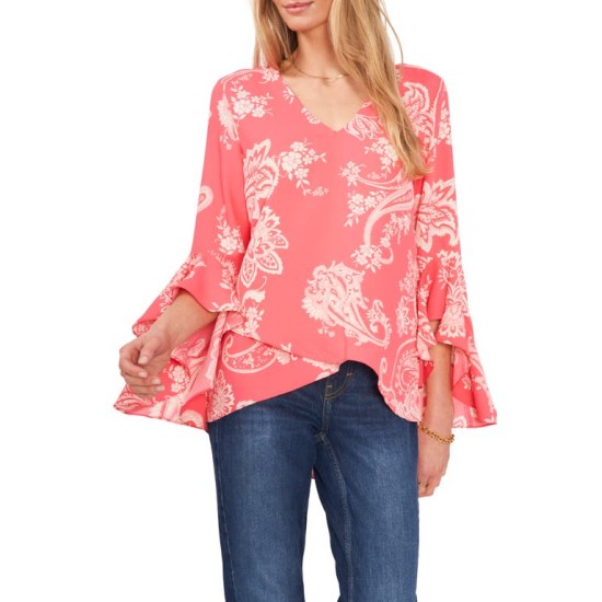  Women’s Paisley Flutter Sleeve V-neck Blouse – Lush Coral, Small