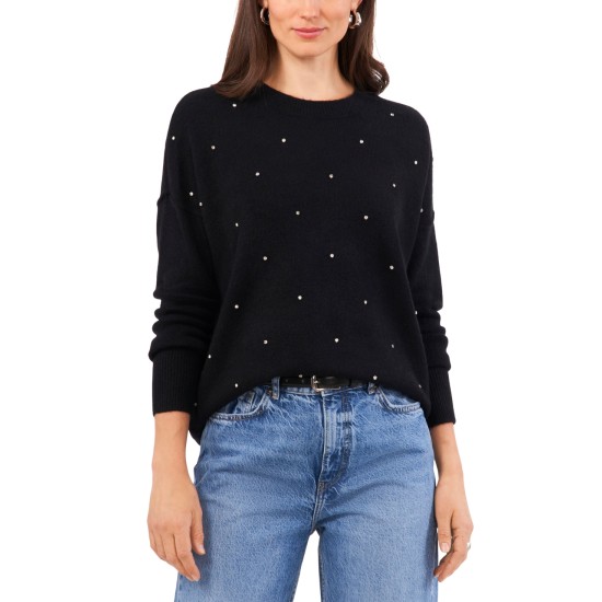  Women’s Rhinestone-Studded Drop-Shoulder Sweater – Rich Black, XX-Large