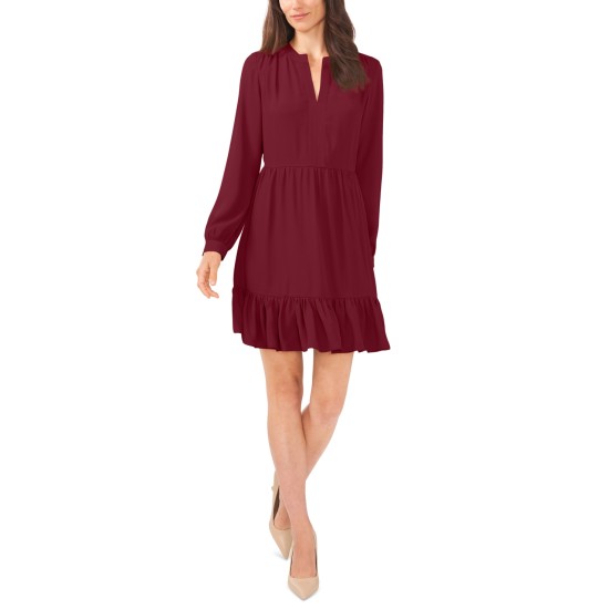  Women’s Ruched Flounce Dress, Merlot, X-Large