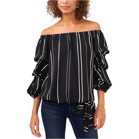  Womens Ruched Tie Elasticized Striped 3/4 Sleeve Off Shoulder Top, Black, 2X