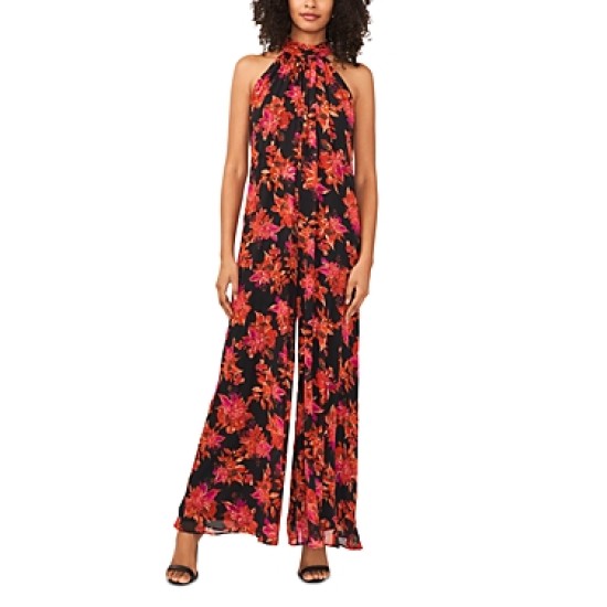  Women’s Sleeveless Pleated Floral Halter Jumpsuit, Black, X-Small