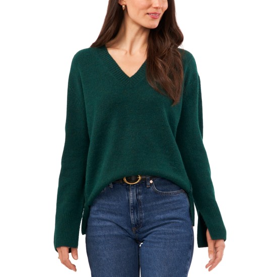  Women’s V-Neck Ribbed-Edge Sweater, Green, Large