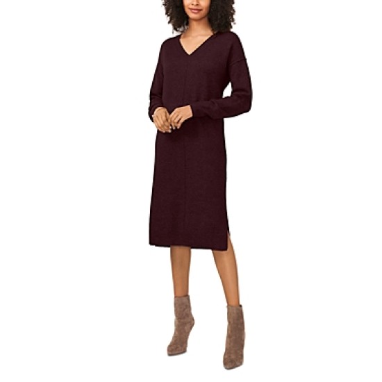  Women’s V-Neck W/Side Slits Sweater Dress, Latte Heather, Port, Small