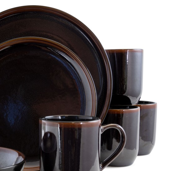  Midnight Beach 16 Piece Round Stoneware Dinnerware Set in Metallic Black