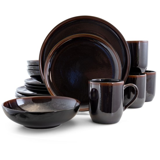  Midnight Beach 16 Piece Round Stoneware Dinnerware Set in Metallic Black