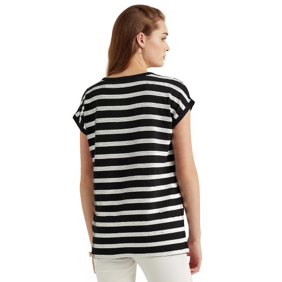  Striped Short Sleeve Sweater,Black, Medium