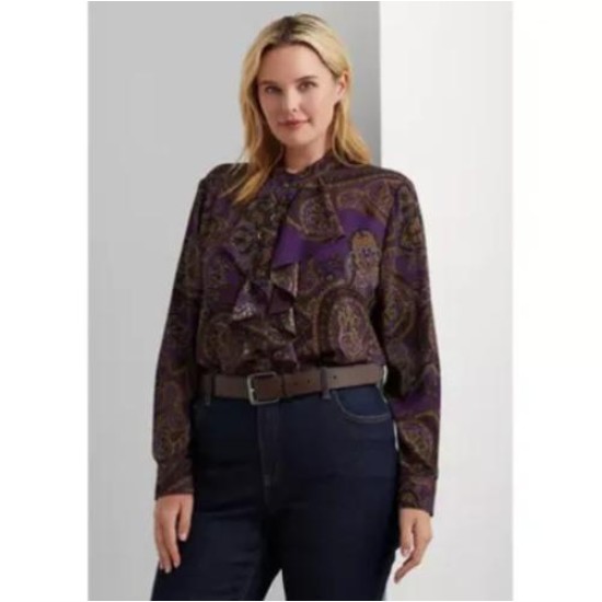  Women’s Plus-Size Paisley Ruffle-Trim Georgette Shirt, Purple, 1X