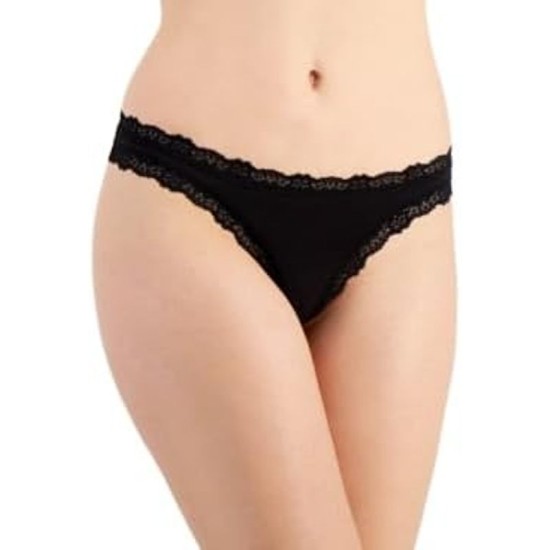  Women’s Lace-Trim Thong,Black, Medium