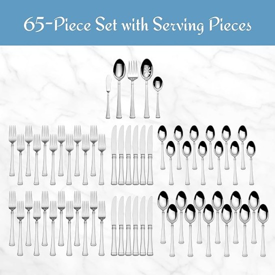 , Alyse Flatware Service for 12, 65 Piece Set, 18/10 Stainless Steel, Silverware Set with Serving Utensils (New)