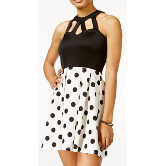  Juniors’ Cutout Polka-Dot Fit & Flare Dress (Black/White, 11)