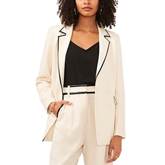  Faux Leather Trim Double Breasted Blazer, Bone, Medium