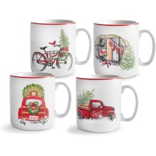 222 Fifth Hometown Celebration 4-Piece Porcelain Jumbo Coffee Mug Set, Red