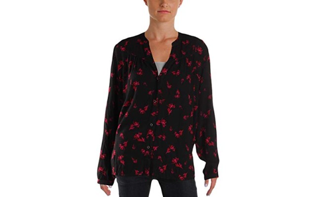  Womens Large Bishop Sleeves Floral Print Top Blacks