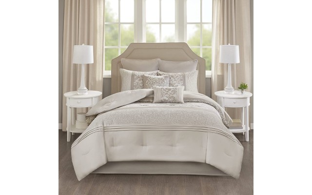 Ramsey California King Embroidered 8 Piece Comforter Set, Beige