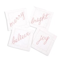 8 Oak Lane Cotton Embroidered Candy Cane Cocktail Napkins, Set of 4, White
