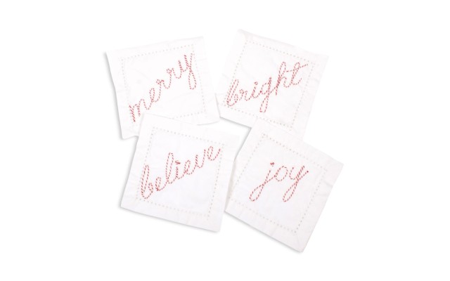  Cotton Embroidered Candy Cane Cocktail Napkins, Set of 4, White