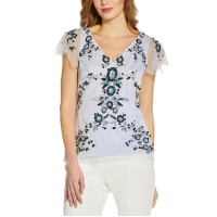 Adrianna Papell Embellished Flutter-Sleeve Top, Blue, 2
