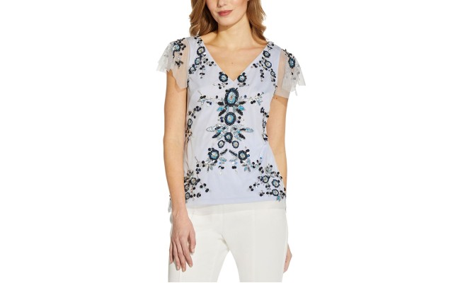  Embellished Flutter-Sleeve Top, Blue, 2