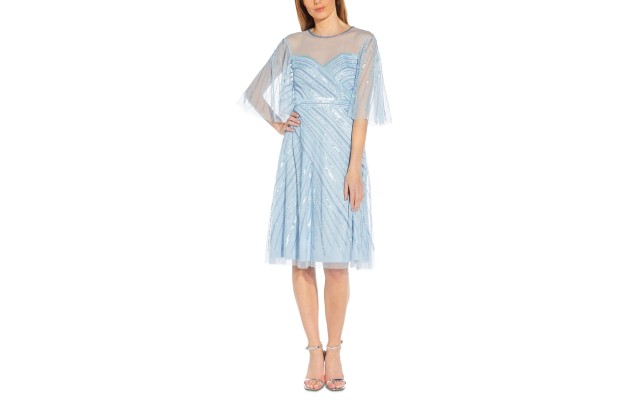  Women’s Beaded Flutter-Sleeve Dress, Elegant Sky, 10