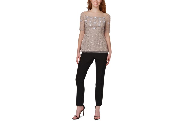  Womens Beaded Off-The-Shoulder Top, Light Beige/8