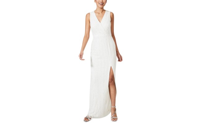  Womens Embellished V-Neck Gown Dress, White,2