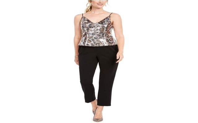  Women’s Plus Size Sequin Jumpsuit, Beige/Black, 16