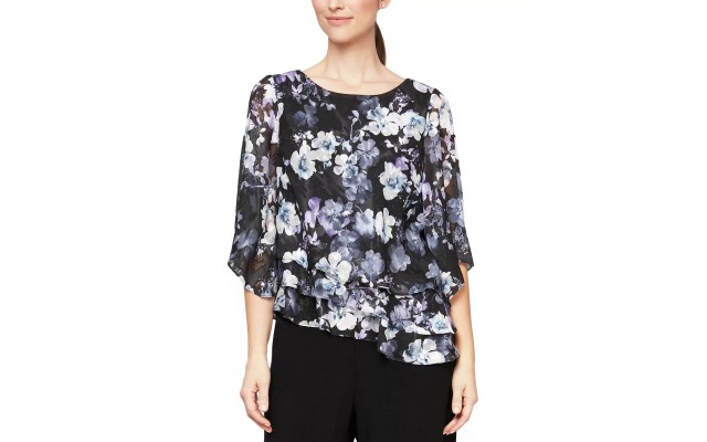  Women’s Asymmetrical Triple-Tiered Top, Black/Purple, Small