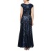  Women’s Petite Sequined Gown Dress, Navy, 8P