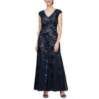 Alex Evenings Women’s Petite Sequined Gown Dress, Navy, 8P