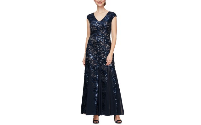  Women’s Petite Sequined Gown Dress, Navy, 8P