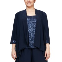 Alex Evenings Womens Plus Size Cascade Ruffle Jacket & Sequinned Tank Top Set, Navy/1X