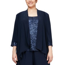 Alex Evenings Womens Plus Size Cascade Ruffle Jacket & Sequinned Tank Top Set, Navy/1X