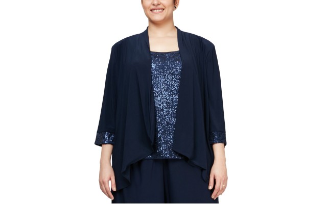  Womens Plus Size Cascade Ruffle Jacket & Sequinned Tank Top Set, Navy/1X