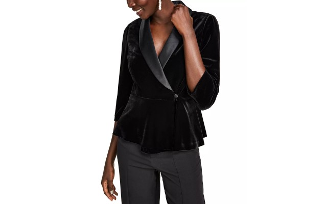 Women’s Satin-Collar Velvet Peplum Top, Black, Medium