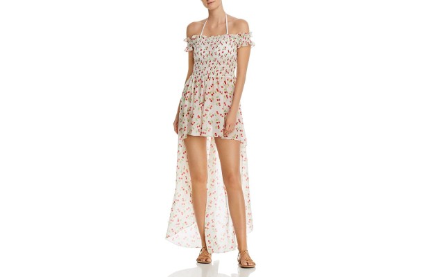 Alex Printed Off-the-shoulder Maxi Swim Cover-up In Cherry, Red/White, X-Small