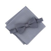 Alfani Men’s Basketweave Pre-Tied Bow Tie & Solid Pocket Square Set, Charcoal