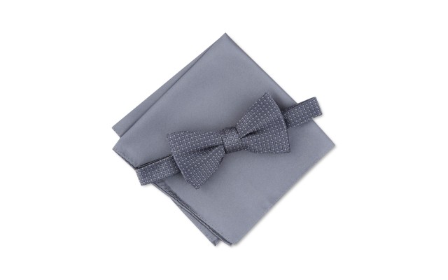  Men’s Basketweave Pre-Tied Bow Tie & Solid Pocket Square Set, Charcoal